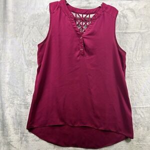 Women's Lattice Back Top Blouse Sleeveless Flowy Loose Berry Size XL Workwear